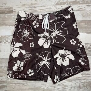 Merona Board Shorts Men Large Brown Floral Cargo Pockets Beach Swim